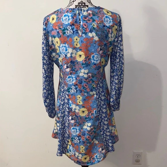 NWOT!! Umgee Patchwork Boho Blue & Yellow Floral Long Sleeve Dress Size Small - Picture 9 of 13